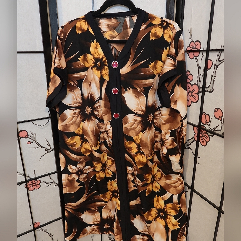 Black Brown Gold Floral tunic Dress Top w/Faux Buttons One Size NWOT